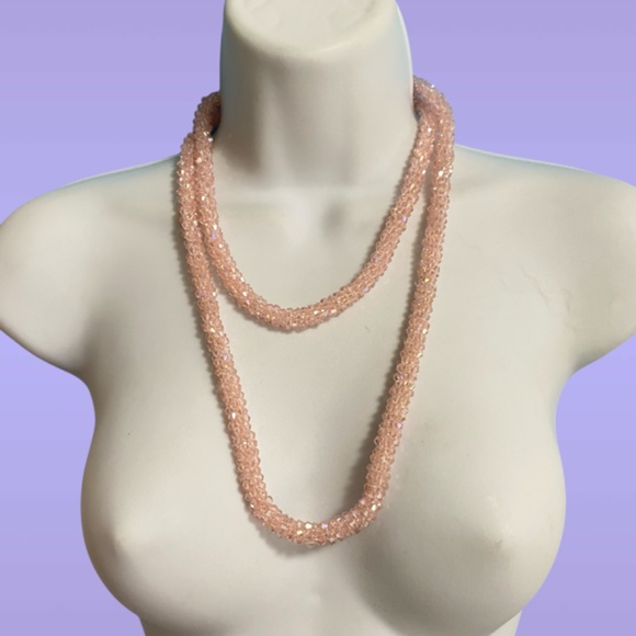 Glass Pink Faceted Twisted Beads Long Necklace Over-The-Head Style Heavy Chunky - Picture 5 of 11